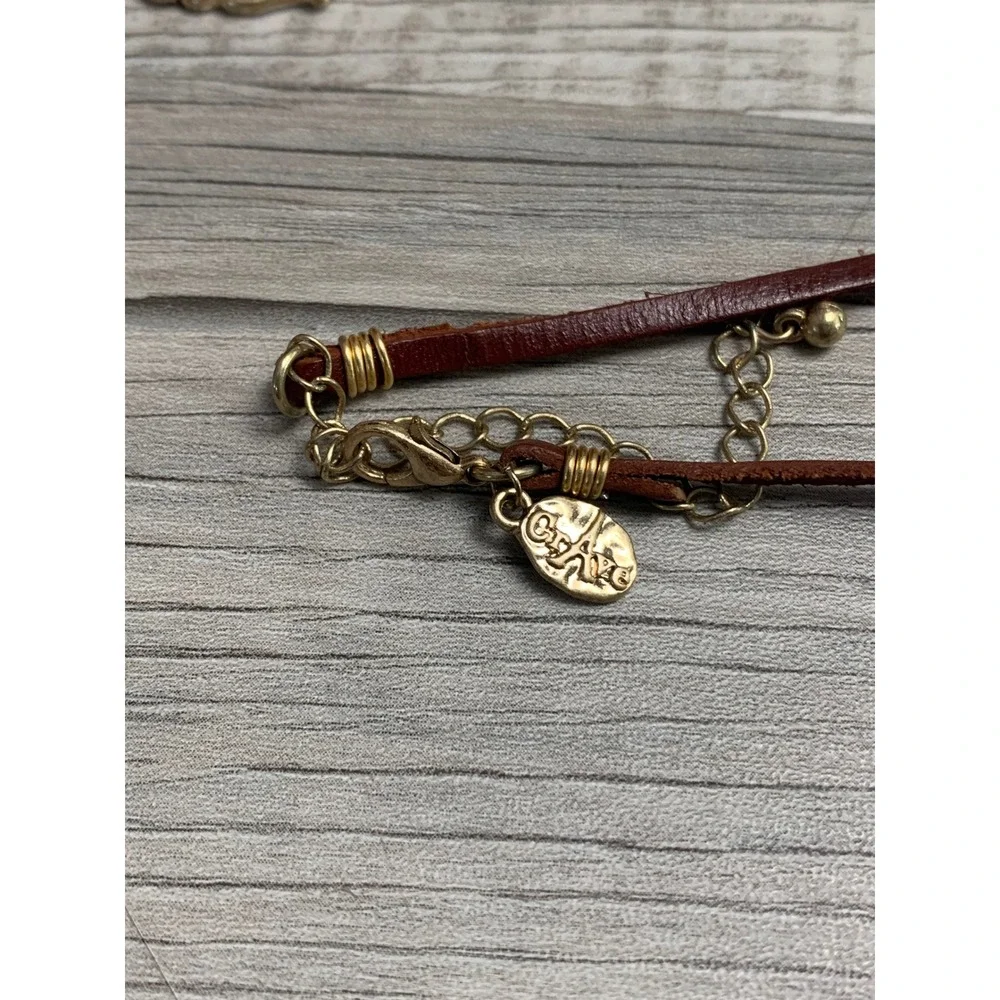 Grace Leather Cord Necklace Gold Tone Marquise Stone Bead Boho 30 Inch